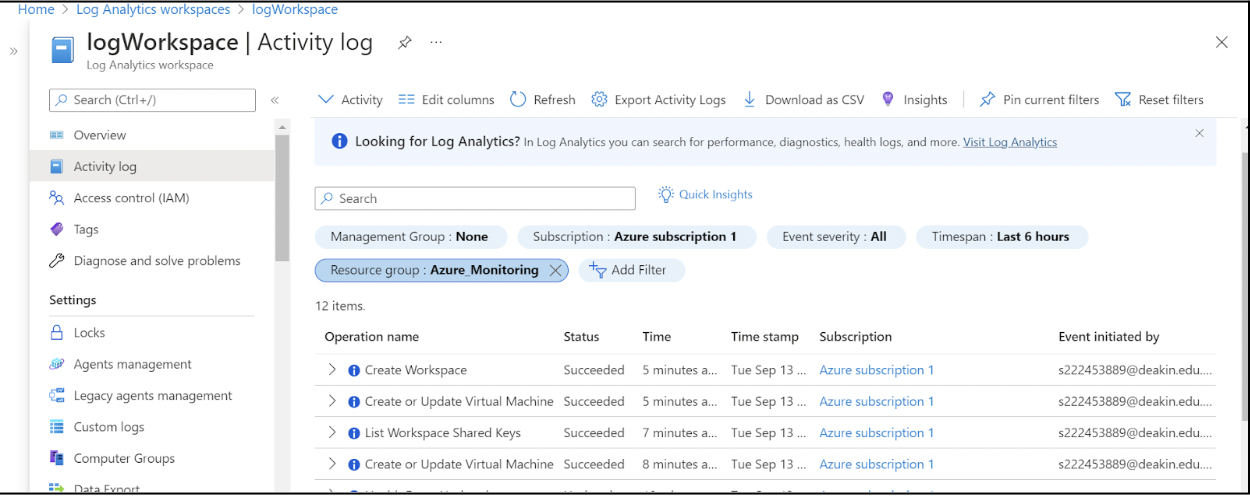 Activity log page within the workspace